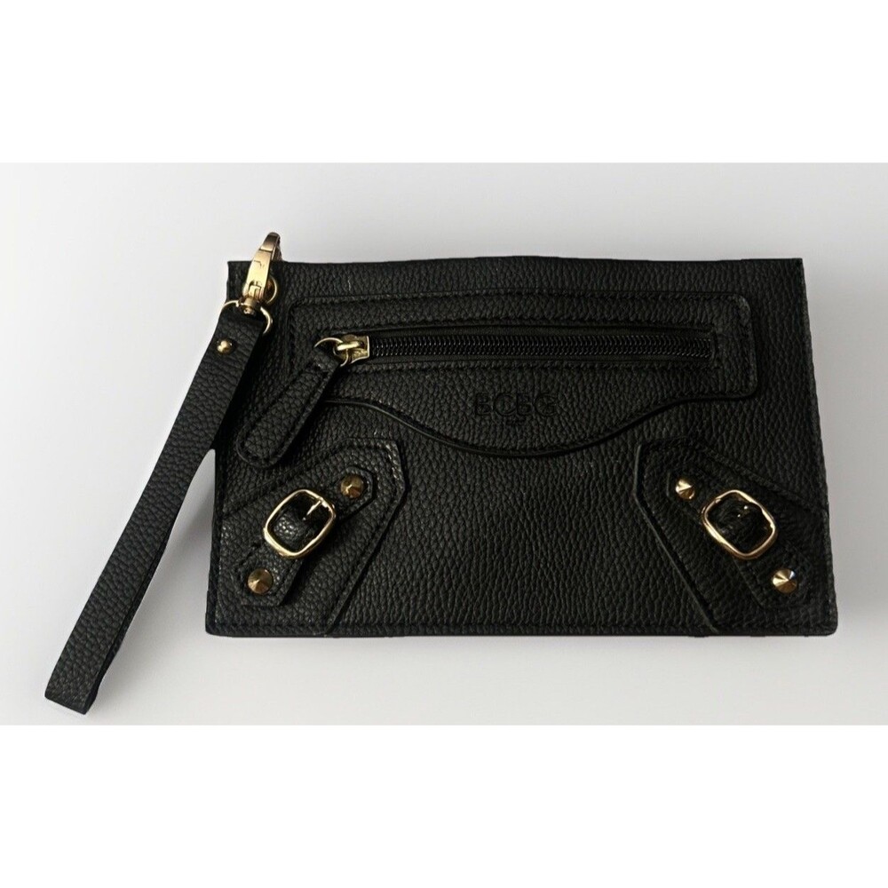 BCBG MAX AZRIA Black Leather Buckle Zipper Clutch Wristlet Bag Purse Gold